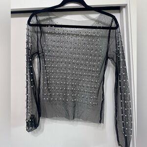 Elegant Black Sheer Pearl-Embellished Top